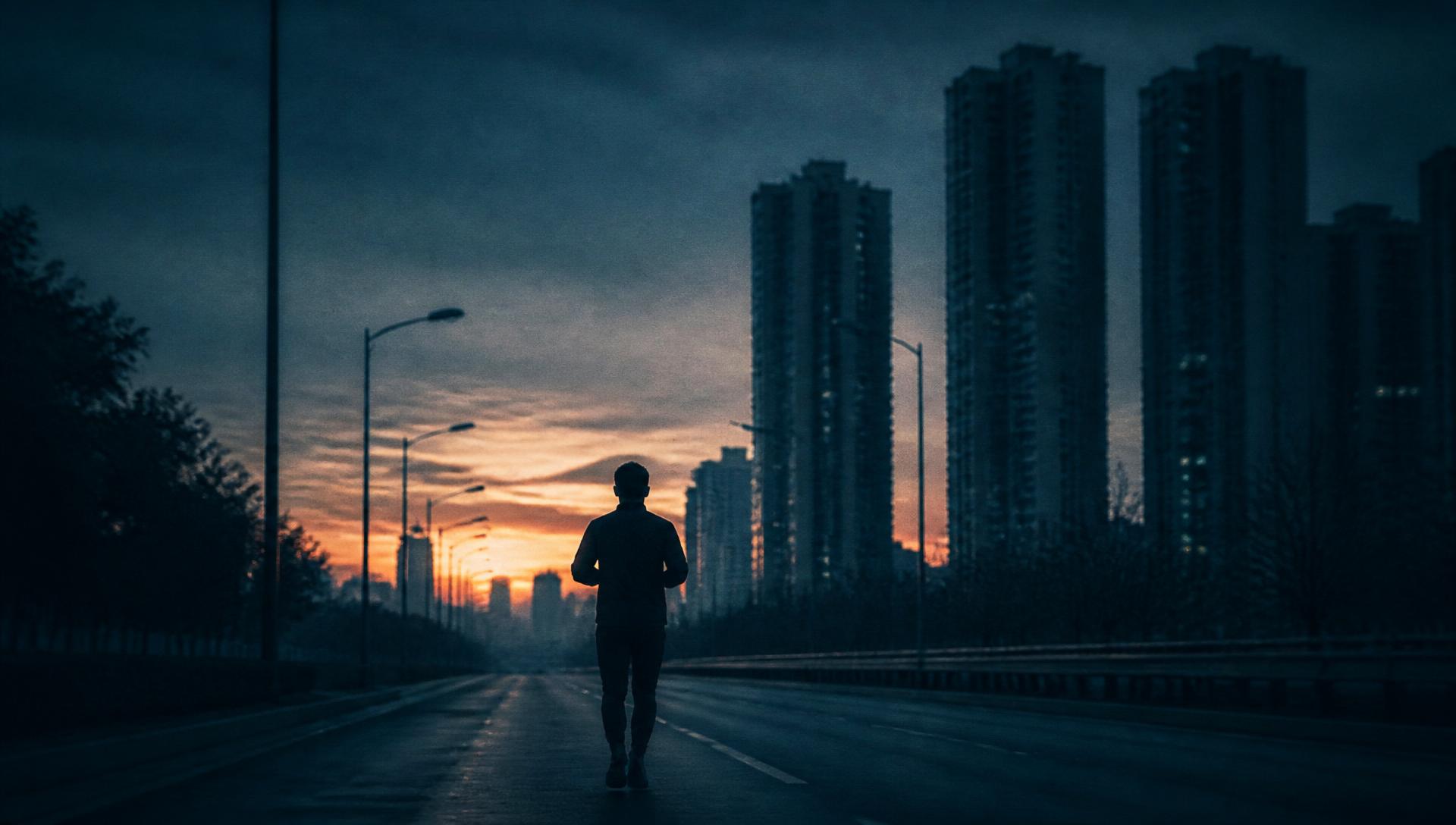 Corredor solitário numa avenida vazia ao amanhecer, entre torres residenciais